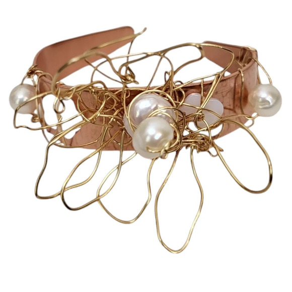 Wire Wrapped Freshwater Pearl Mother of Pearl Copper Cuff - Picture 1 of 4